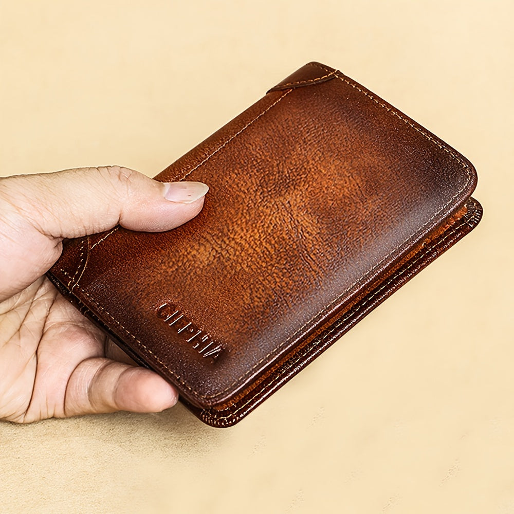 1pc CIEPHIA Vintage Genuine Leather RFID Blocking Wallet for Men - Slim, Multi-Functional ID & Credit Card Holder, Deep Brown with Embossed Logo, Ideal Gift for Valentine's Day