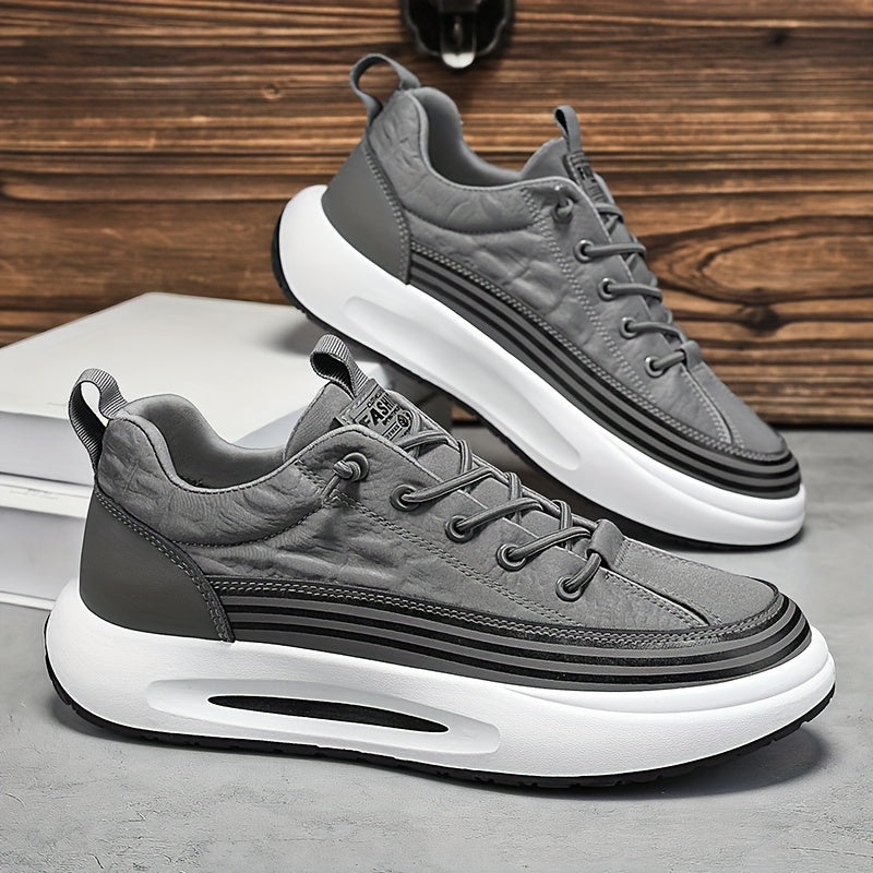 Men's Breathable Casual Sneakers - 2025 Spring New Design, Low-Top Elastic Lace-Up, Grey & White PU Upper with Cushioned EVA Insole & Durable PVC Sole for All-Season Outdoor Running, Gym, Daily Wear, Gym Shoes, Sleek Sporty D