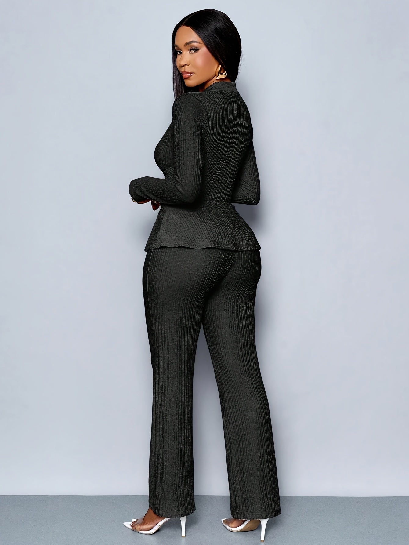 Women'S Elegant Beige Two-Piece Suit with V-Neck and Long Sleeves, Asymmetrical Hem, Wide Leg Pants, and Clutch - Perfect for Office or Casual Wear, Casual Attire|Elegant Two-Piece Set|Asymmetrical Hemline