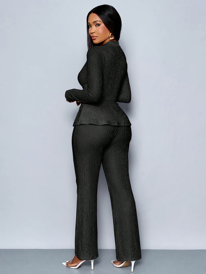 Women'S Elegant Beige Two-Piece Suit with V-Neck and Long Sleeves, Asymmetrical Hem, Wide Leg Pants, and Clutch - Perfect for Office or Casual Wear, Casual Attire|Elegant Two-Piece Set|Asymmetrical Hemline