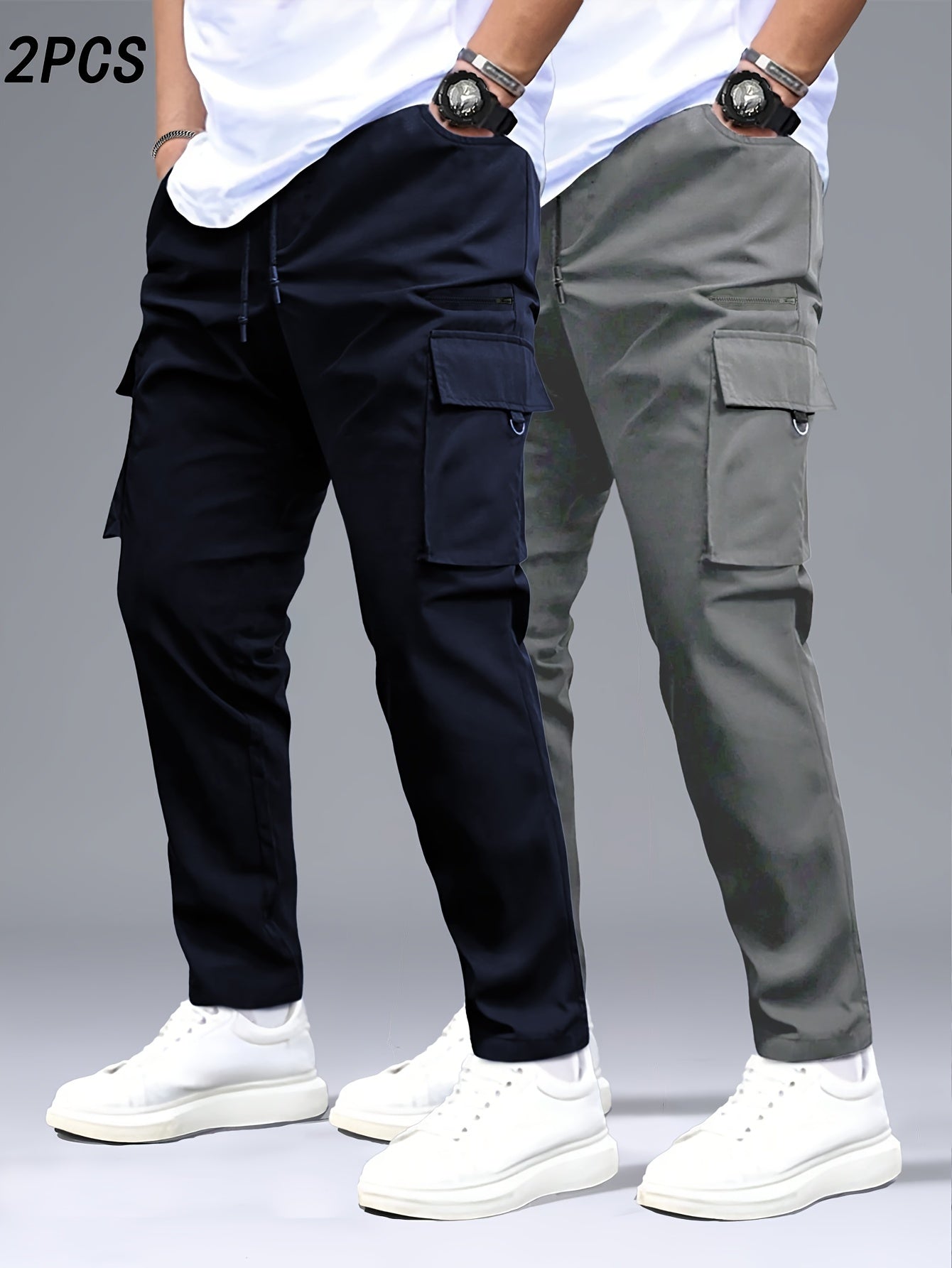 2pcs Men's Cargo Pants, Black & Gray with Drawstring Waist and Multiple Pockets, Durable Polyester, Ideal for Outdoor Activities and Casual Wear, Casual Wear Pants | Multiple Pocket Design | Durable Fabric Pants