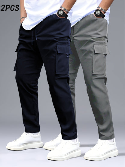 2pcs Men's Cargo Pants, Black & Gray with Drawstring Waist and Multiple Pockets, Durable Polyester, Ideal for Outdoor Activities and Casual Wear, Casual Wear Pants | Multiple Pocket Design | Durable Fabric Pants