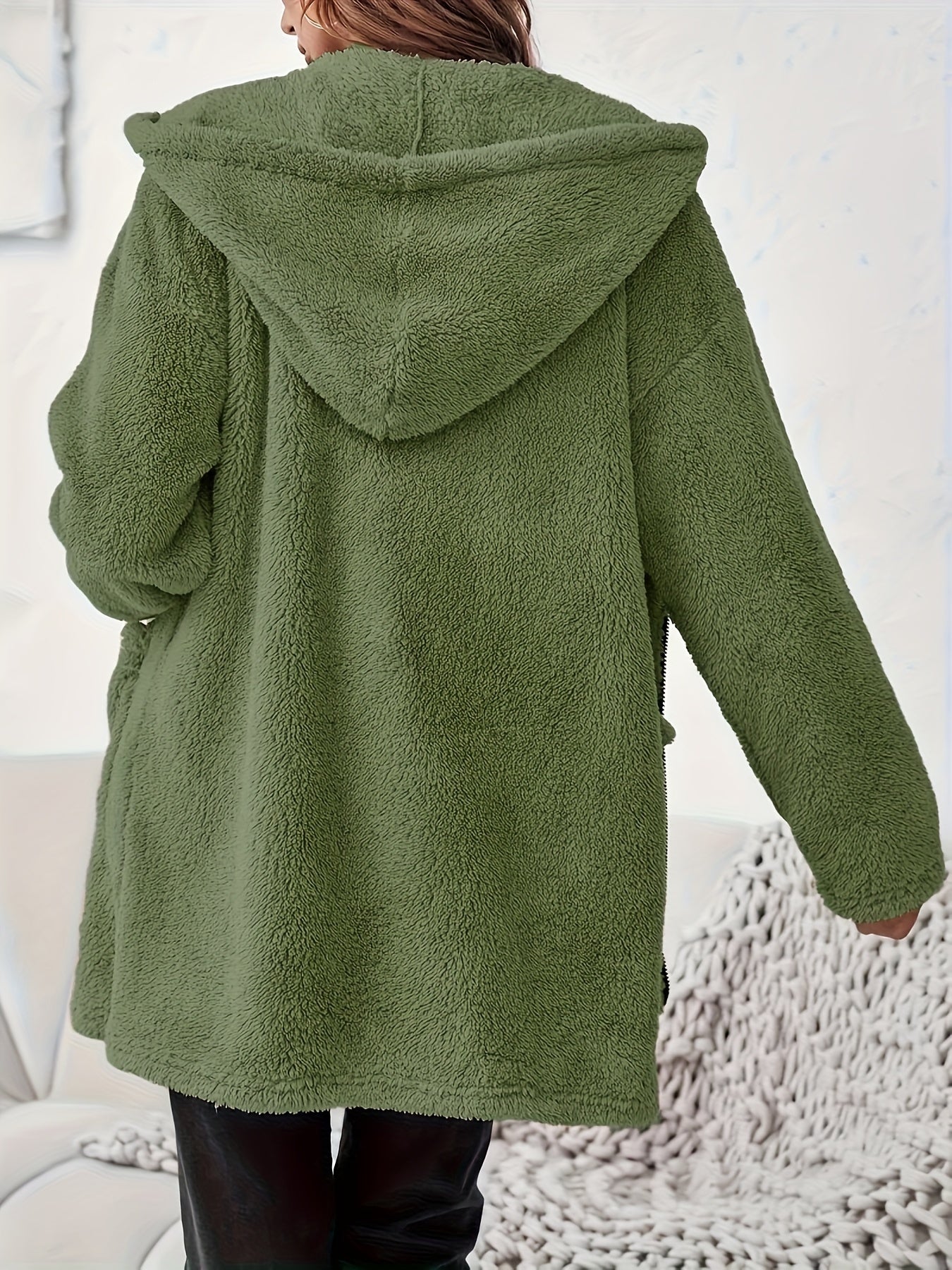 Women's Winter Elegant Solid Color Zipper Patch Pocket Long Sleeve Plush Hooded Coat