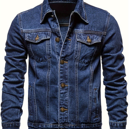 Men's Slim-Fit Denim Jacket - Casual Cotton Blend, Long Sleeve with Pockets, Machine Washable