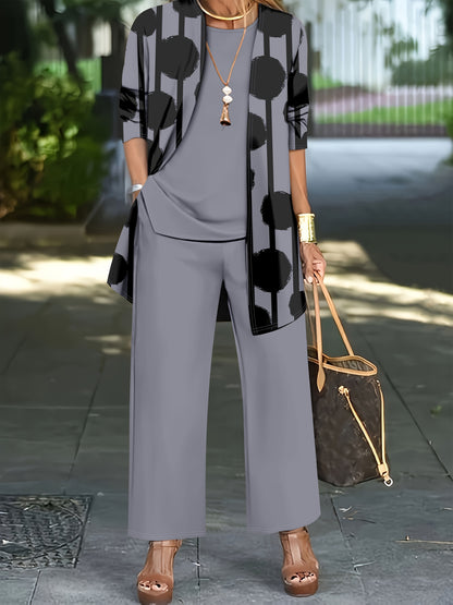 Women'S 3pcs Set, Polka Dot Print Cardigan & Solid Color Vest Casual Pants Daily Outfit