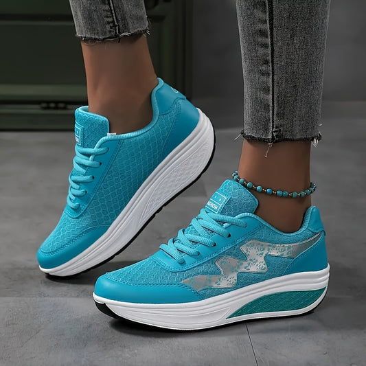 Women's Light Blue Breathable Mesh Sneakers - Air-Cushioned, Thick-Soled Sneakers with Sport Control & Lace-Up Design for All Seasons