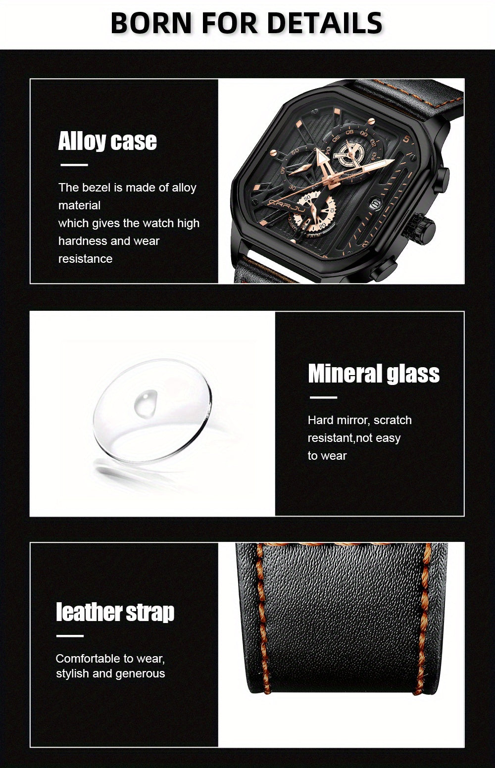 CRRJU Men's Sporty Chronograph Watch with Rose Golden Accents, Quartz Movement, IPX8 High Quality, Black Dial & Brown Faux Leather Strap - Durable Casual & Formal Timepiece