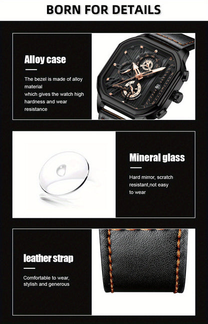 CRRJU Men's Sporty Chronograph Watch with Rose Golden Accents, Quartz Movement, IPX8 High Quality, Black Dial & Brown Faux Leather Strap - Durable Casual & Formal Timepiece
