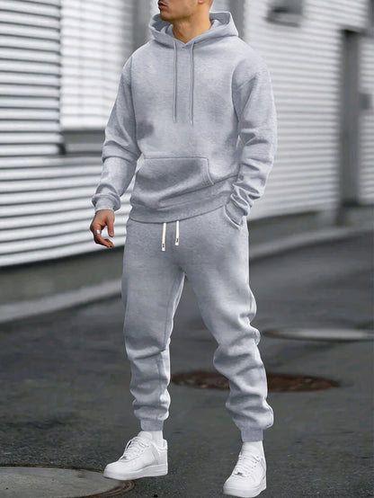 1set Men'S Casual Sports Suit, Polyester Hooded Sweatshirt and Jogger Pants Set, Solid Color, Elastic Waist, Cuffed Ankles, Knit Pullover with Pockets, Regular Fit for Outdoor Running and Jogging - Spring/Autumn Collection