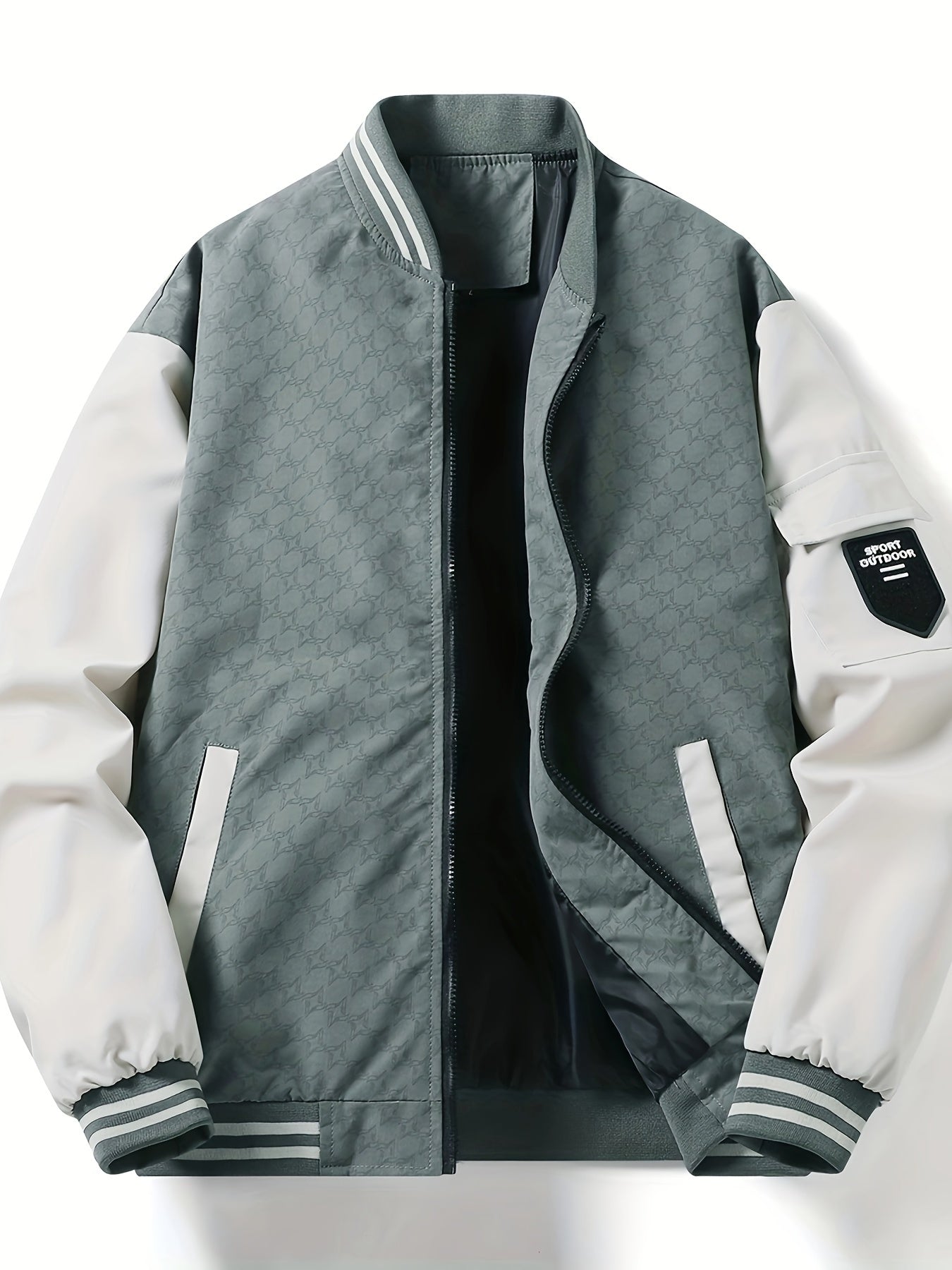 Men'S Lightweight Geometric Pattern Bomber Jacket - Casual Long Sleeve Zip-Up with Pockets, White & Gray, Polyester Lining, Perfect for Fall, Autumn Jacket