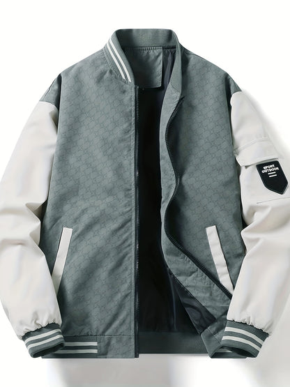 Men'S Lightweight Geometric Pattern Bomber Jacket - Casual Long Sleeve Zip-Up with Pockets, White & Gray, Polyester Lining, Perfect for Fall, Autumn Jacket