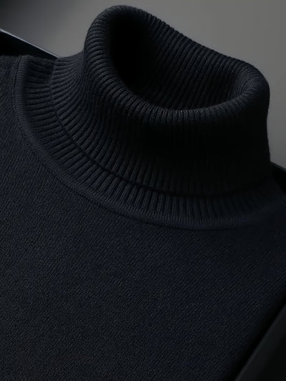 Men's Sleek Light Blue Turtleneck Sweater - Casual Knit Pullover with Ribbed Cuffs, Long Sleeves for Fall/Winter, Soft Viscose Blend