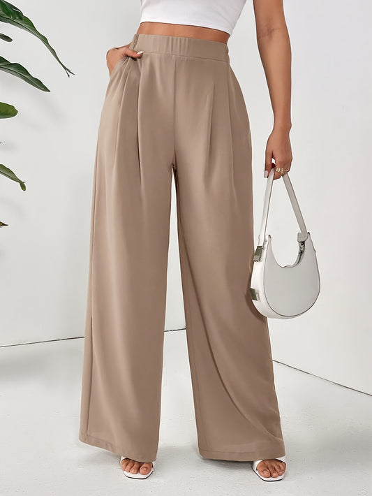 Women'S Elegant Wide Leg Pants - Beige Loose Fit with Elastic Waist, Comfortable Polyester Fabric for Spring/Summer Vacations, Casual Chic Style