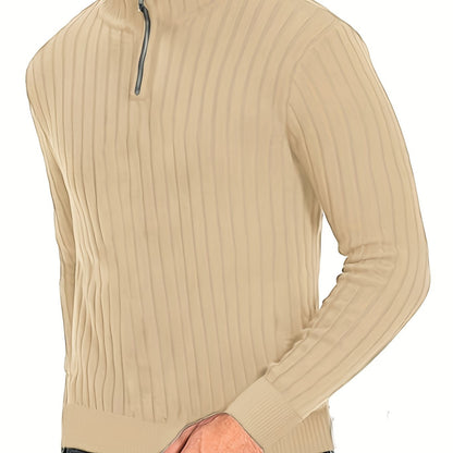 Men'S Casual Polyester Sweater, Solid Color, High Neck Quarter Zip, Long-Sleeved Pullover, Regular Fit, 100% Polyester Knit Fabric, 230g/m² - Fall/Winter Essential