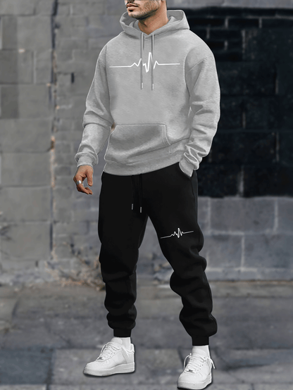 1set Men'S Casual Geometric Heartbeat Pattern Hoodie and Sweatpants Set, Polyester and Spandex Blend, Loose Fit, Hooded Pullover for Autumn/Winter