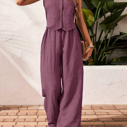 Women'S Elegant Solid Color Sleeveless V-Neck Two-Piece Set - Casual Summer Jumpsuit with Button Placket, Wide Leg Pants, and Beige Wedge Sandals, Casual Attire|Vneck Jumpsuit|Elegant Jumpsuit
