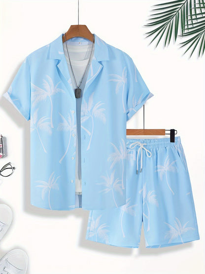 Men'S Summer Tropical Palm Tree Print Pajama Set, Polyester 100% Short Sleeve Shirt & Drawstring Waist Shorts, Vacation Style Lapel Collar, Non-Stretch Woven Fabric, Regular Fit - 120gsm
