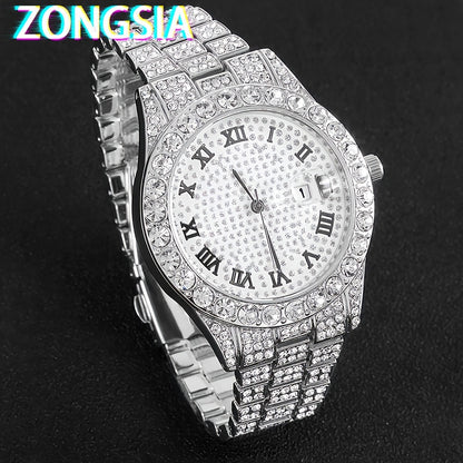 ZONGSIA Hip Hop Watch & Jewelry Set - Luxury Rhinestone-Encrusted Quartz Watch with Matching Bracelet and Necklace, Classic Male Fashion, PC Case, Alloy Strap, Electronic Drive, Non-rechargeable Button Battery, ZONGSI