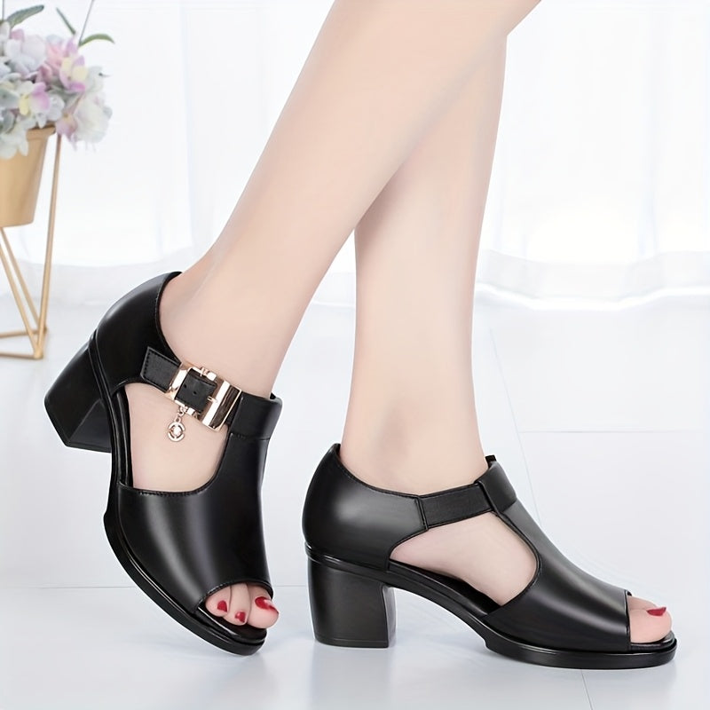 Elegant Women'S Open-Toe Chunky Heel Shoes - Comfortable Mid-Height with Golden Buckle Strap, Breathable Cut-Out Design, Shock-Absorbing Insole & Durable Rubber Sole for Summer Casual & Formal Occasions, High Heel Footwear, D