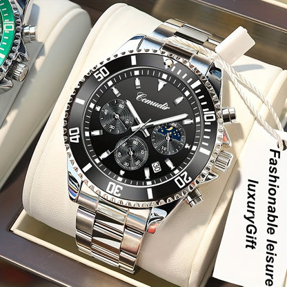 1pc New Fashion Stainless Steel Luxury Quartz Watch, High-end, Casual, Round Dial, Multi-scale, Night Light, Date Display, with Birthday, Holiday, Anniversary, for Men, Travel, Party