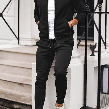 Men'S Casual Polyester Sweatsuit Set with Baseball Collar and Slight Stretch - Solid Color Long Sleeve Knit Fabric Track Suit for Fall/Winter