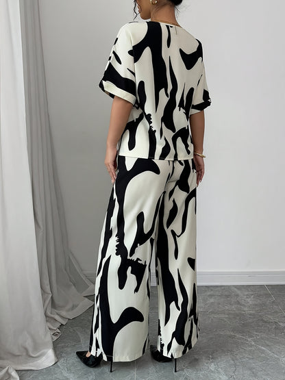 -Yy0207476-2pcs Women'S V-Neck Short-Sleeved Black And White Printed Casual Top And Pants Set
