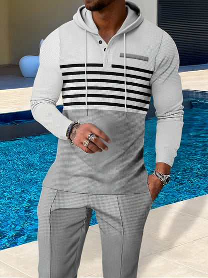 New Men's Casual Set Outdoor Versatile High Fashion Men's Hoodie Color blocked Striped Long Sleeve Top Long Pants Two Piece Set for Men