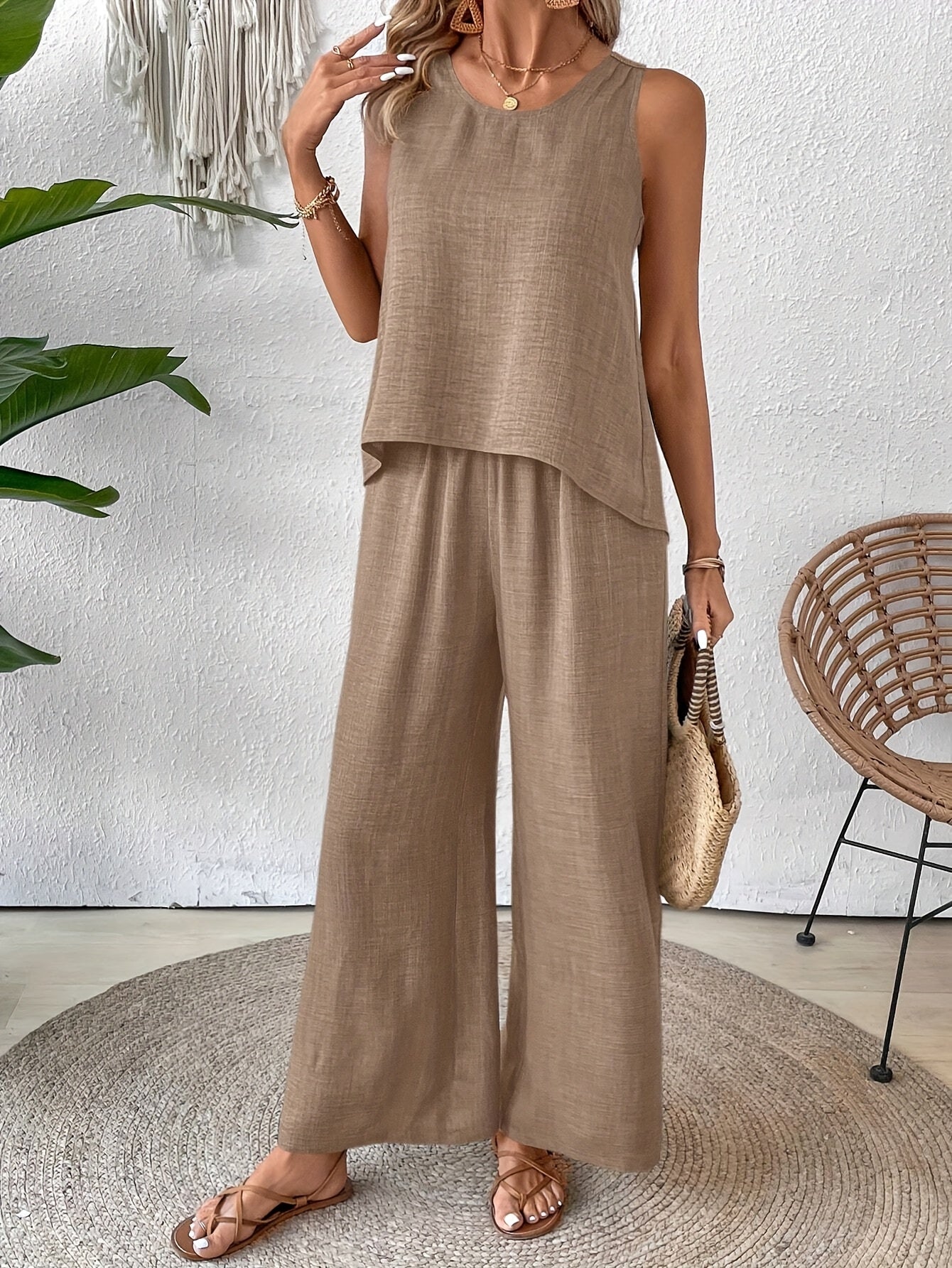 Women'S Summer Backless Cut-Out Panel Tank Top + Wide Leg Pants Set - Casual, Simple, Sleeveless, Polyester, Light Beige, Perfect for Spring/Summer, Casual Attire|Backless Top|Polyester Fabri