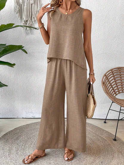 Women'S Summer Backless Cut-Out Panel Tank Top + Wide Leg Pants Set - Casual, Simple, Sleeveless, Polyester, Light Beige, Perfect for Spring/Summer, Casual Attire|Backless Top|Polyester Fabri