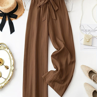 Women'S Fashion Pleated Pants, Polyester, Casual Solid Color, Spring/Summer/Autumn, Belted, Wide Leg, Adult, Woven Fabric