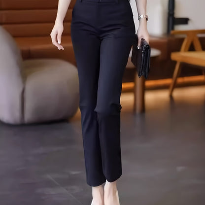 Women'S High-Waisted Straight-Leg Trousers, Casual Style, Solid Color, Polyamide 50% Viscose 50% Elastane 8%, Woven Fabric, 300g/m², Button Detail, Suit Pants for Work and Leisure - Black