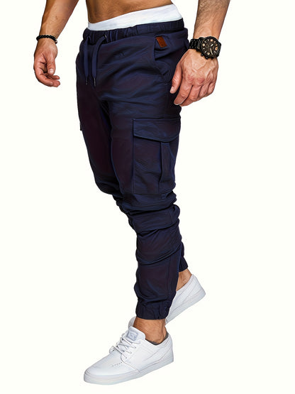 3-Pack Men'S Casual Cotton Cargo Pants, Solid Color, Non-Stretch, Regular Length, Drawstring Waist, Four Seasons, Standard Fit, Woven Fabric