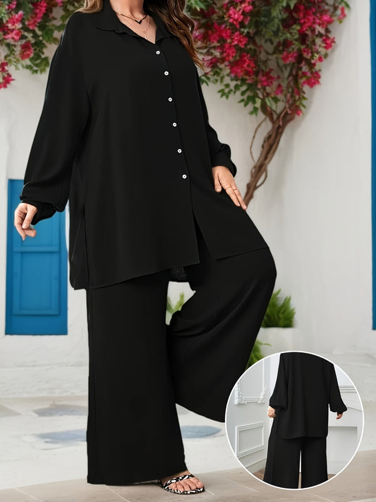 Plus Size, Plus Size Women's Fashionable and Elegant Loose V-Neck Two-Piece Set