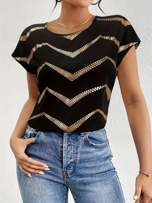 Women's Elegant Batwing T-Shirt - Black with Golden Geometric Print, Stretchy Polyester-Spandex Blend, Round Neck Casual Top for Spring Summer Fall, Machine Washable for Parties Dates Casual Attire