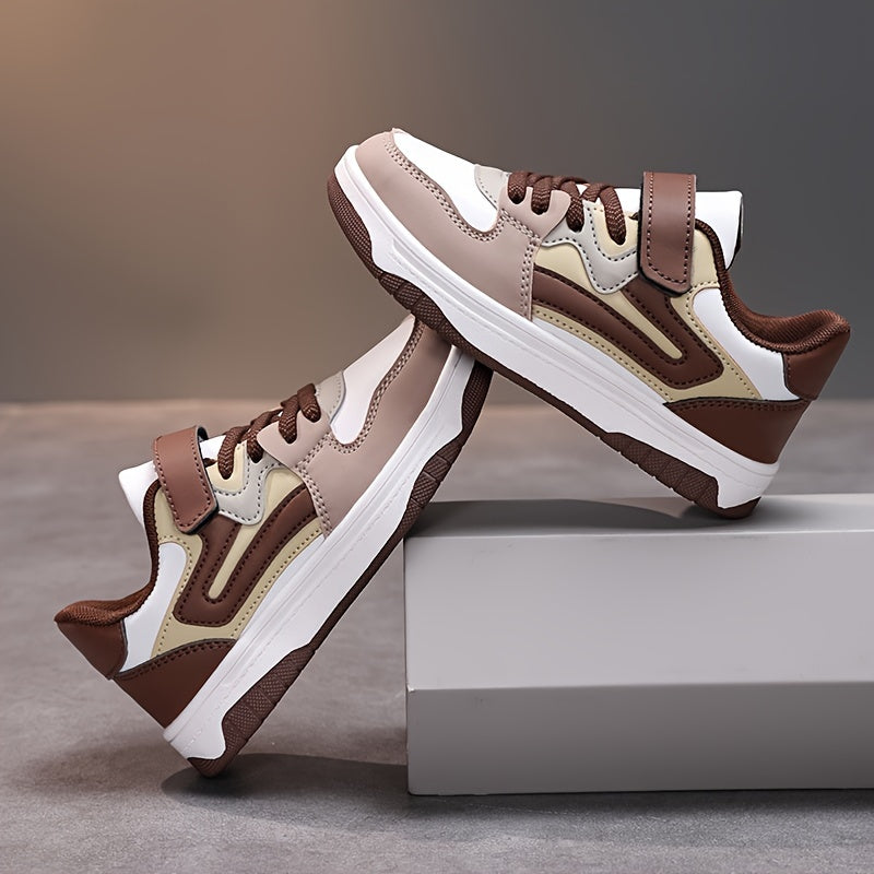 Boys' Stylish Low-Top Sneakers - Lightweight, Breathable Faux Cover with Striped Design, Hook-and-loop Fastener Strap, Perfect for Casual Running & Sports - Brown & White, Running Shoes