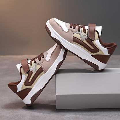 Boys' Stylish Low-Top Sneakers - Lightweight, Breathable Faux Cover with Striped Design, Hook-and-loop Fastener Strap, Perfect for Casual Running & Sports - Brown & White, Running Shoes