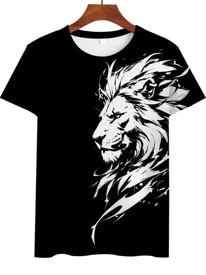 New Lion 3D Print Pattern, Casual Short Sleeve Round Neck T-Shirt, Outdoor Men's Clothing