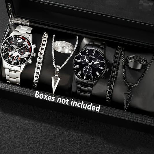 Luxury 8pcs Men'S Gift Set: Stainless Steel Quartz Watch with Calendar, Golden Arrow Necklace, Bracelet & Ring - Elegant Business Casual Accessories for Valentine's, New Year, Easter, Ramadan, Birthdays, Christmas, Halloween