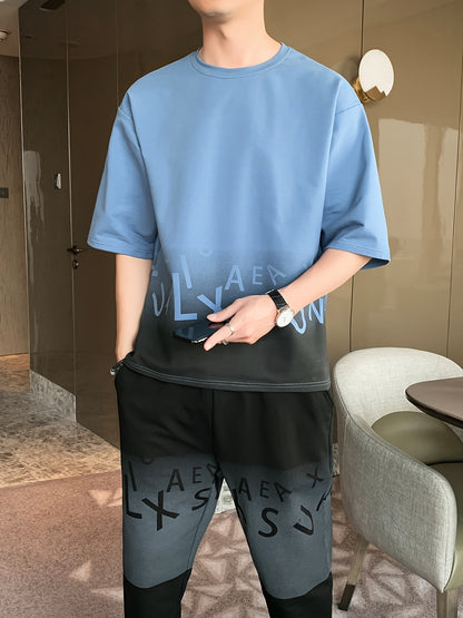 Men's Summer Casual Cotton Blend Outfit Set - Gradient Color Short Sleeve T-Shirt & Stylish Drawstring Shorts, Machine Washable