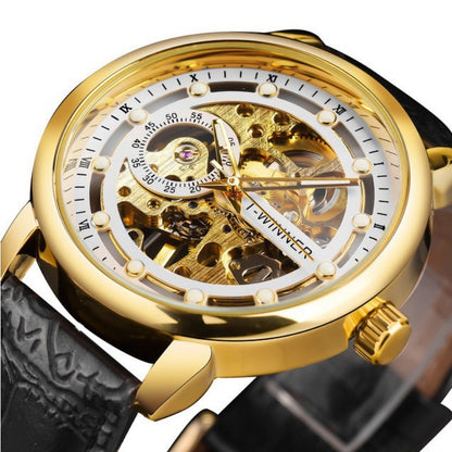 Men'S Luxury Mechanical Skeleton Watch with Golden-Tone Alloy Case & Faux Leather Strap - Mechanical Hand-Wind, World Time, Date Display, Elegant Fashion Accessory for Casual Attire, Mechanical Watch, Sophisticated Design, In