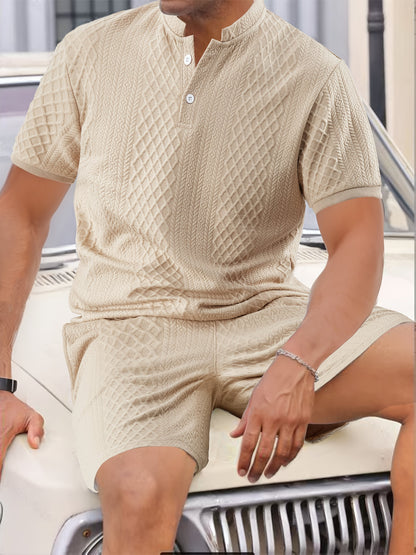 Two-Piece Set, Men'S Summer Outfit, Jacquard Set, Round Neck Short Sleeve, Drawstring Shorts, High Weight Fabric, Casual Ensemble.