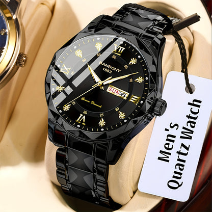 1pc Stainless Steel Strap Men'S Roman Numerals Dial Rhinestones Multifunctional Watch, Ideal for Birthday, Holiday Gifts Valentine'S Day