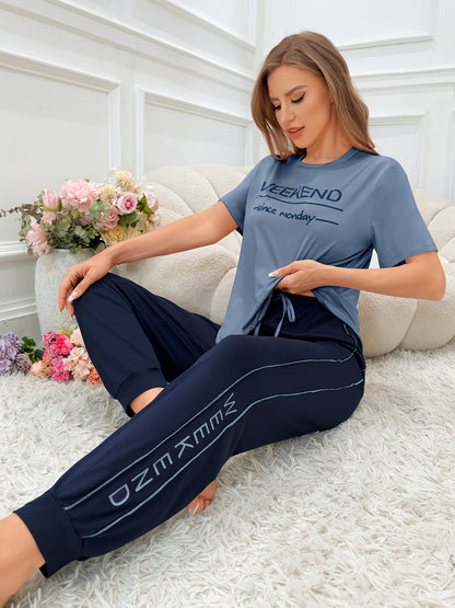 Women's Letter Print Casual Lounge Set, Short Sleeve Round Neck Top & Jogger Pants, Comfortable Relaxed Fit