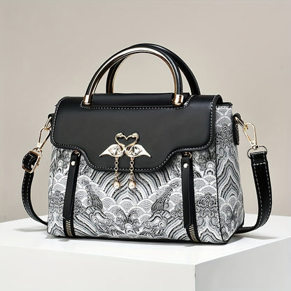 Elegant Floral Embroidered Handbag for Women - Adjustable Strap, Zipper Closure, Polyester Lining, Black & White Floral Pattern, Perfect Gift for Mom Or Family, Small Crossbody Purse, Stylish Accessory, Durable Construction