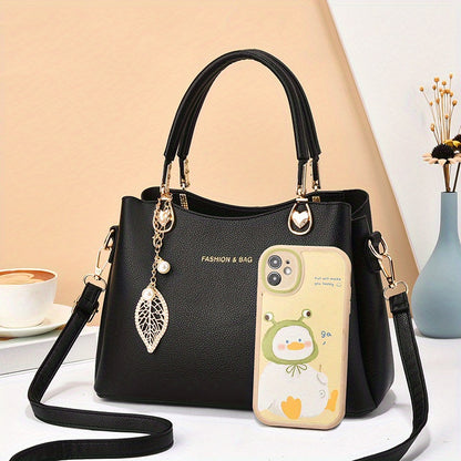 Elegant Wo 's Handbag with Detachable Shoulder Strap, Golden-Tone Hardware & Chic Leaf Charm - Stylish White Satchel for Everyday Use, Casual Chic Bag | Stylish Charm Handbag | Bag