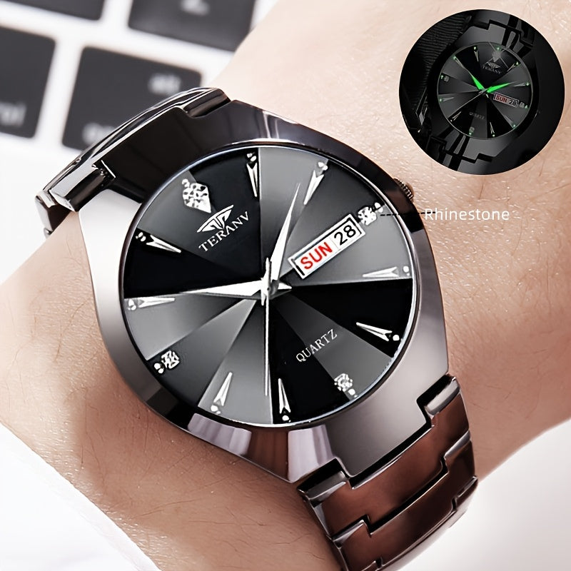 DEBLVE Men's Business Quartz Watch with Luminous Hands, Calendar & Date Display, Stainless Steel Black Dial - Minimalist Luxury Design for Travel, Leisure & Professional Use, Formal Timepiece