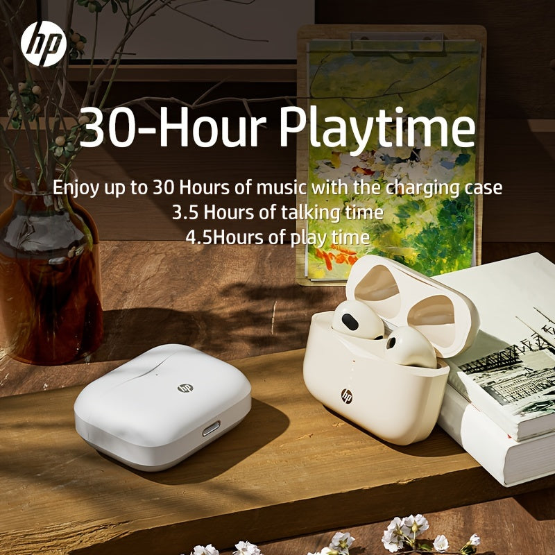 HP True Wireless ականջակալներ, թեթև ականջակալներ ներկառուցված միկրոֆոնով, որոնք ապահովում են հիանալի ձայն և երկար հեռավորության վրա կապ, լիցքավորման պատյանով - հարմար են և՛ iPhone-ի, և՛ Android սարքերի համար։