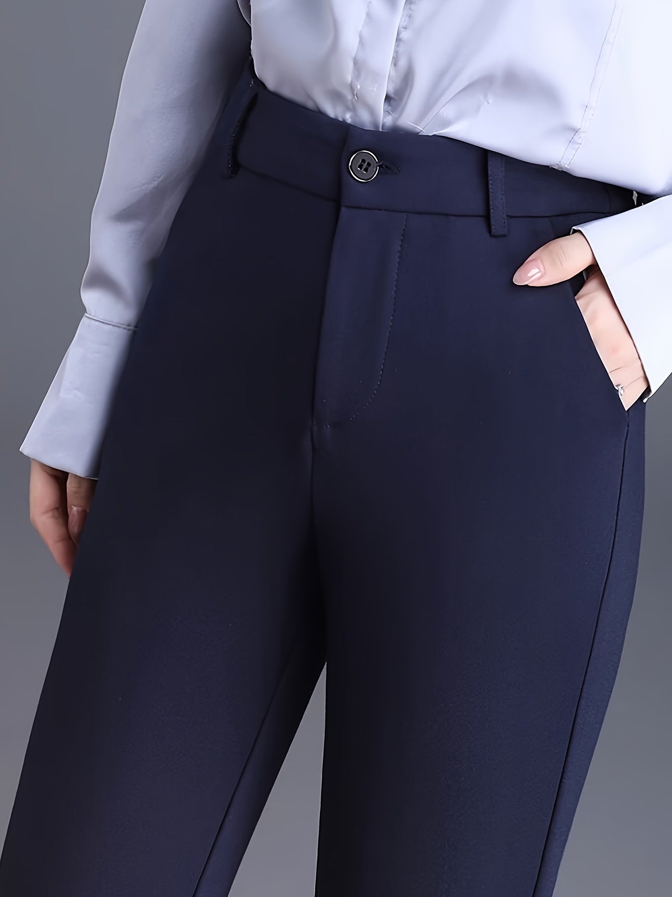 Women's High-Waist Straight-Leg Suit Pants - Navy Blue, Stretchy & Comfortable Nylon Blend, Slim Fit Professional Work Trousers with Pockets, Machine Washable, Versatile for Casual or Office Wear