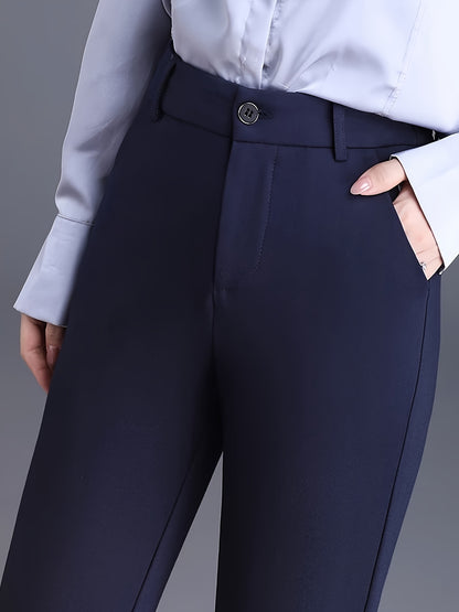 Women's High-Waist Straight-Leg Suit Pants - Navy Blue, Stretchy & Comfortable Nylon Blend, Slim Fit Professional Work Trousers with Pockets, Machine Washable, Versatile for Casual or Office Wear