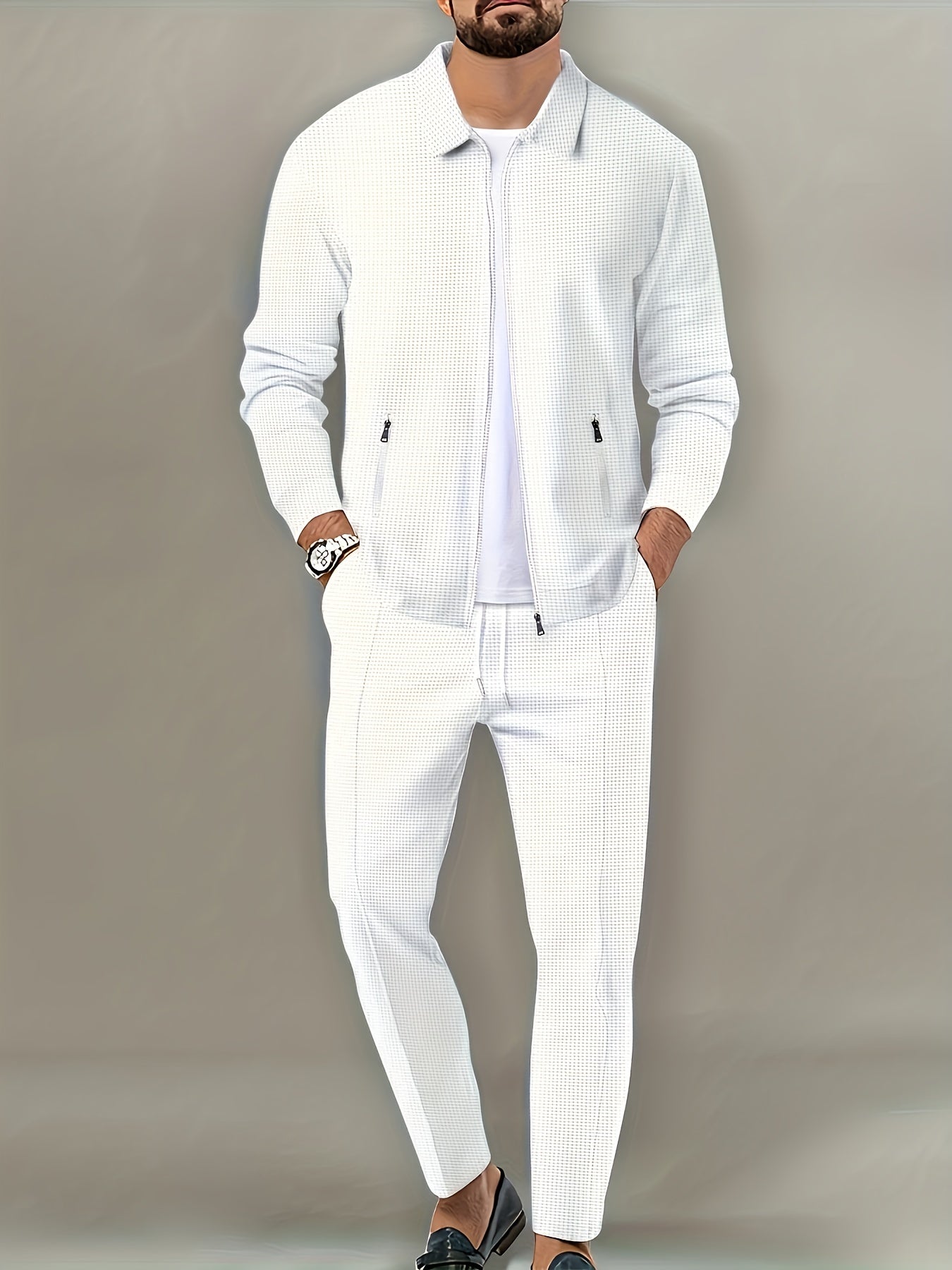 Men's Solid Waffle 2pcs Athletic Outfits, Zip-up Jacket & Pants co ord set for Outdoor Sports